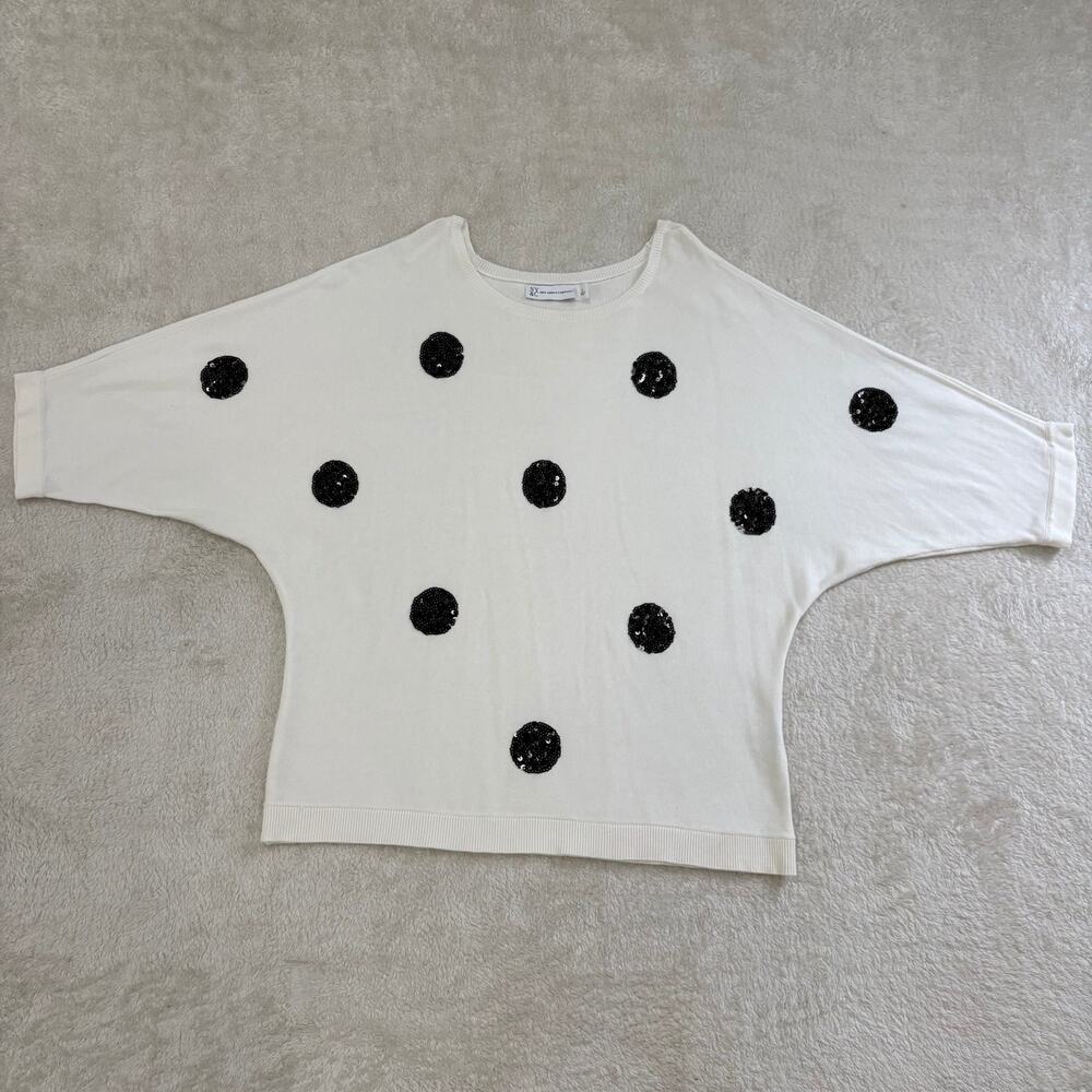 New York & Company Womens L Ivory Black Sequin Polka Dot Batwing Sweater
